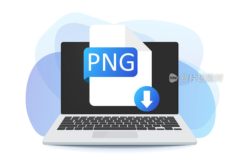 在笔记本电脑屏幕上下载PNG按钮。下载文档概念。PNG标签和向下箭头标志。矢量股票插图。