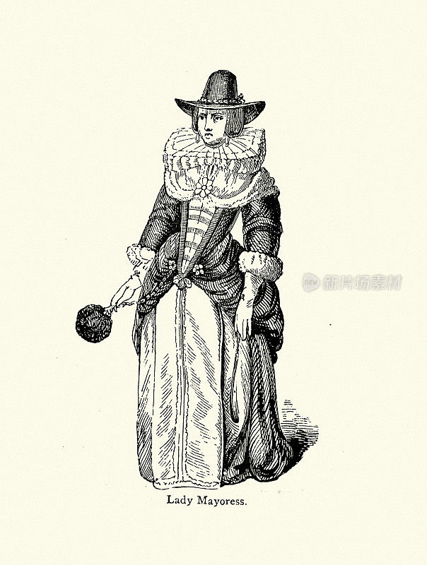 英国女市长，17世纪女性时装，时期服装，宽边帽，褶边，连衣裙