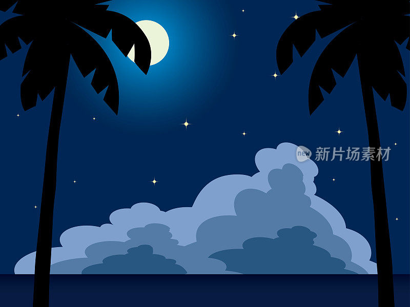 海，月亮，云，棕榈树，星星4-7