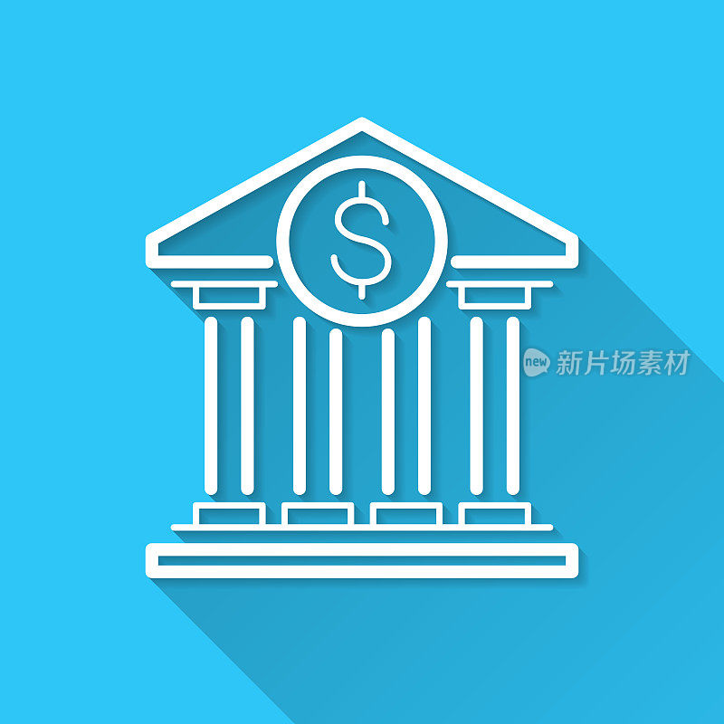 有美元符号的银行。图标在蓝色背景-平面设计与长阴影