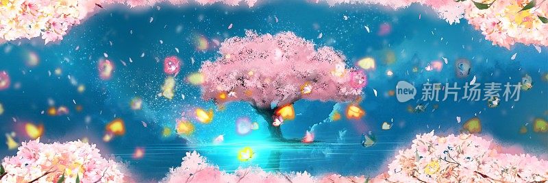 神秘的幻想背景宽尺寸的樱花树插图在海面上盛开与舞蹈的花雪花