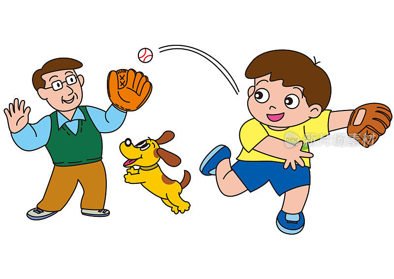 一个父亲和一个玩接球游戏的男孩，还有一只高兴地追逐球的宠物小狗。