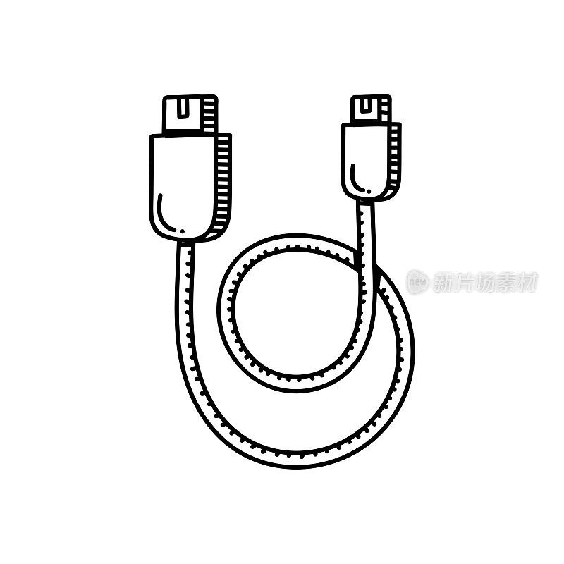 Usb电缆线图标，素描设计，像素完美，可编辑的笔画。