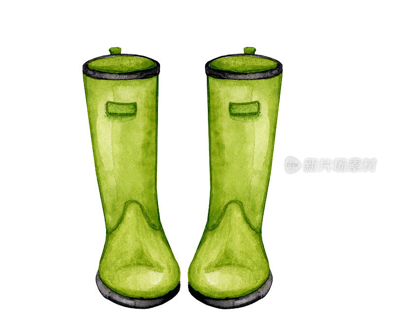 绿色胶靴。水彩元素以园艺、春苗、蔬菜栽培为主题。