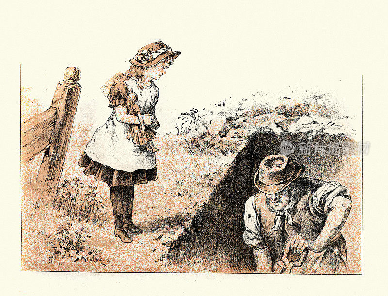小女孩看着掘墓人在墓地挖坟墓，维多利亚时代的儿童艺术，19世纪
