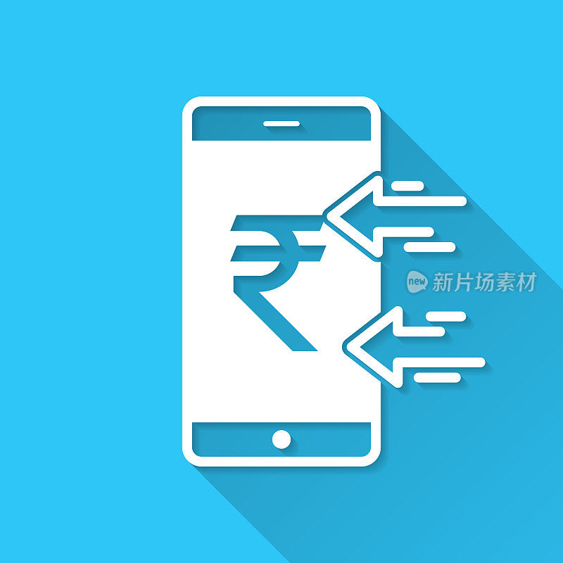 用智能手机收印度卢比。图标在蓝色背景-平面设计与长阴影