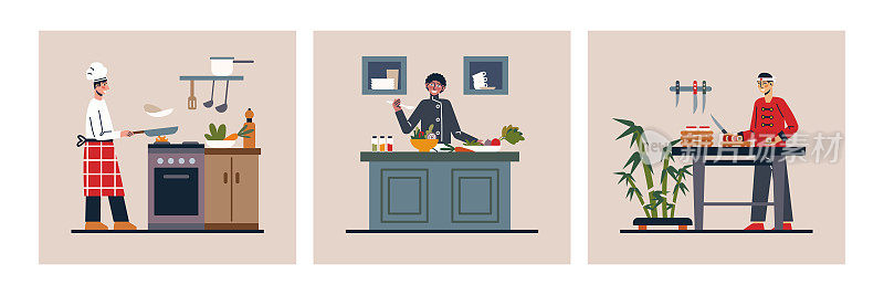 一套彩色卡通人物的专业厨师在餐厅制服烹饪
