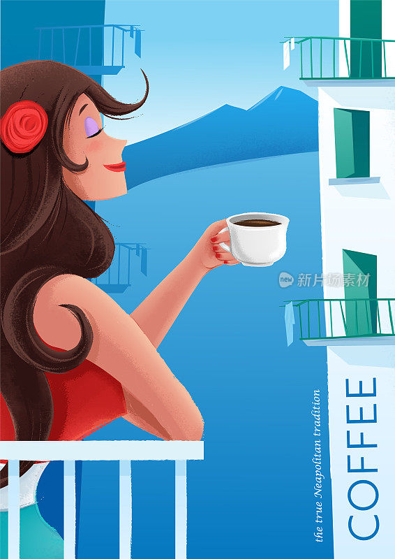 在那不勒斯，一个喝咖啡的女孩向阳台望去