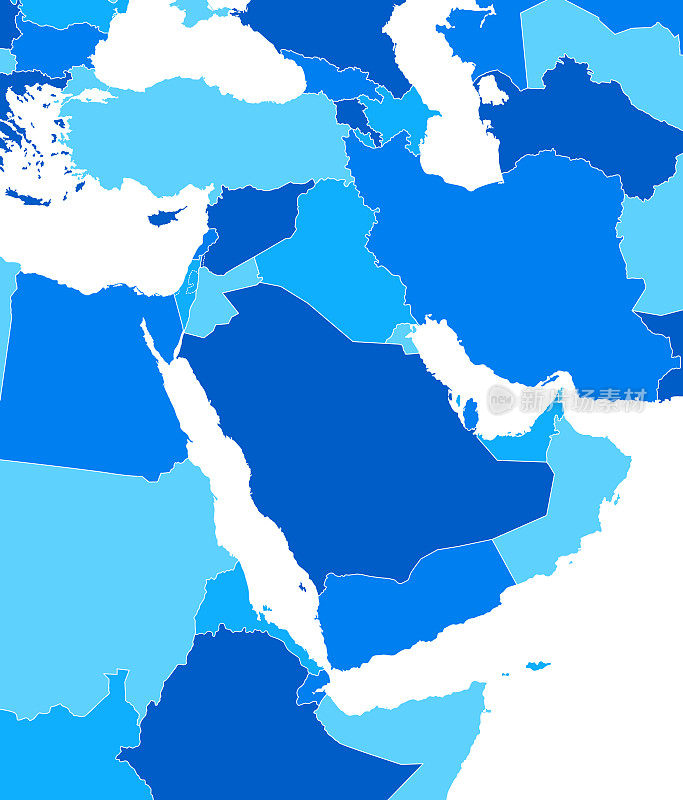 高详细的中东蓝色地图与国家边界沙特阿拉伯，埃及，土耳其，伊朗，阿曼，也门，伊拉克，以色列，叙利亚，约旦，卡塔尔，格鲁吉亚，阿塞拜疆和阿拉伯联合酋长国