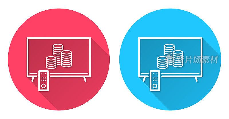 用一堆硬币看电视。圆形图标与长阴影在红色或蓝色的背景