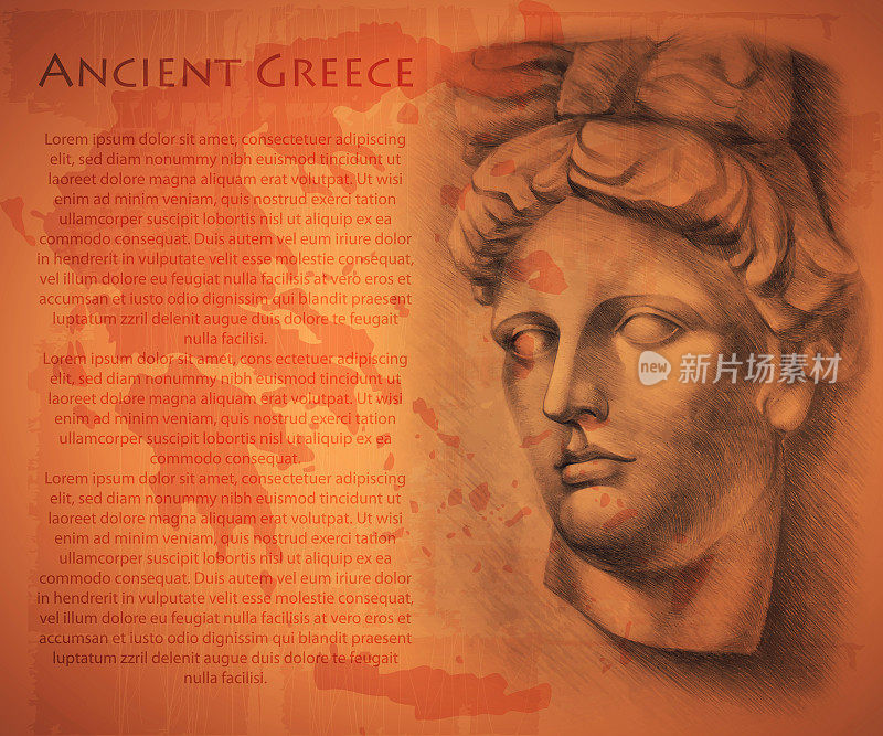 古希腊。阿波罗头像的古代雕塑，背景是一幅古老的希腊地图。抽象的作者的图画，手绘与文字的空间。