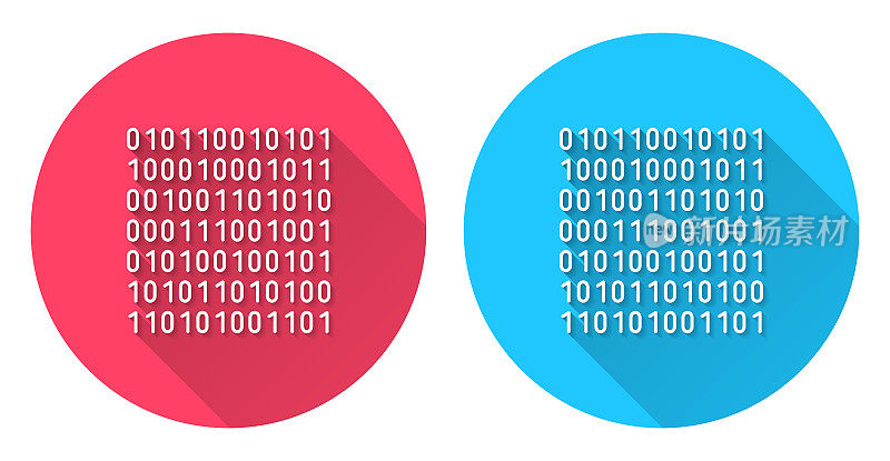 二进制代码。圆形图标与长阴影在红色或蓝色的背景
