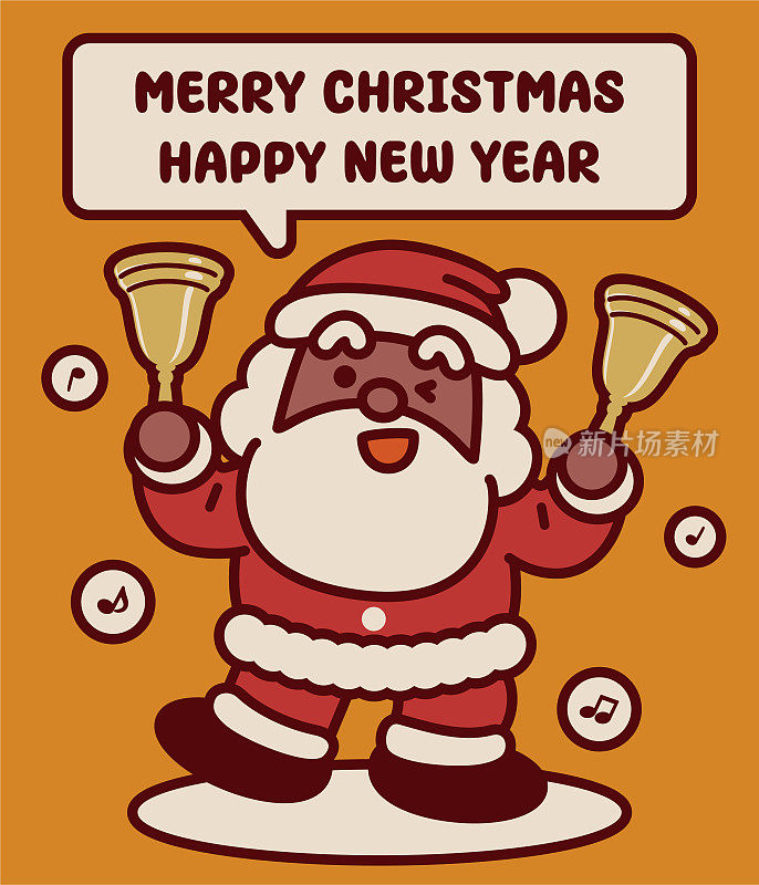 可爱的黑色圣诞老人敲响两个铃铛，祝你圣诞快乐，新年快乐