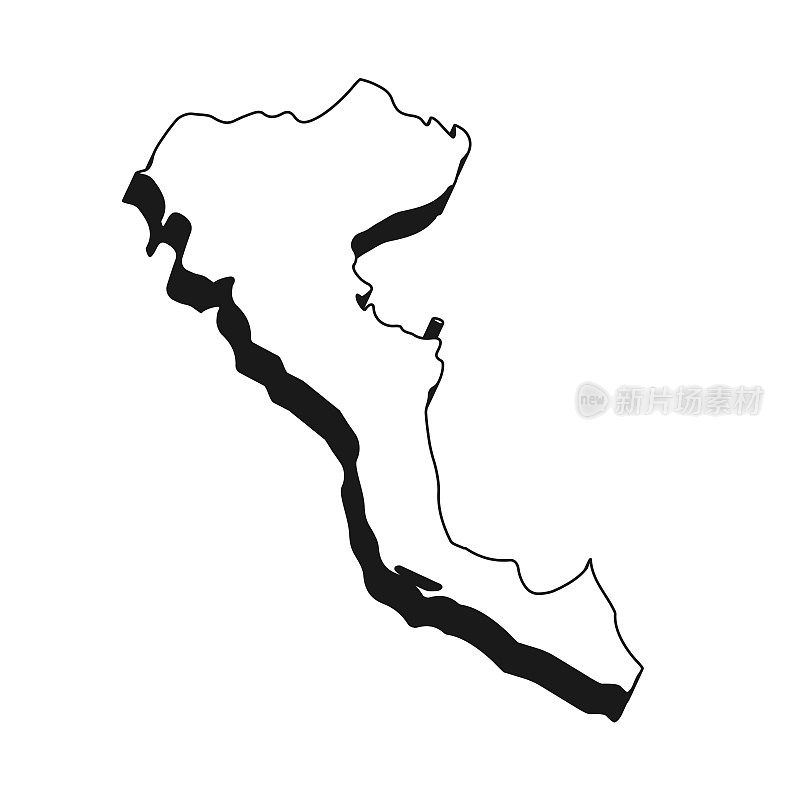 科孚岛地图与黑色轮廓和阴影在白色背景