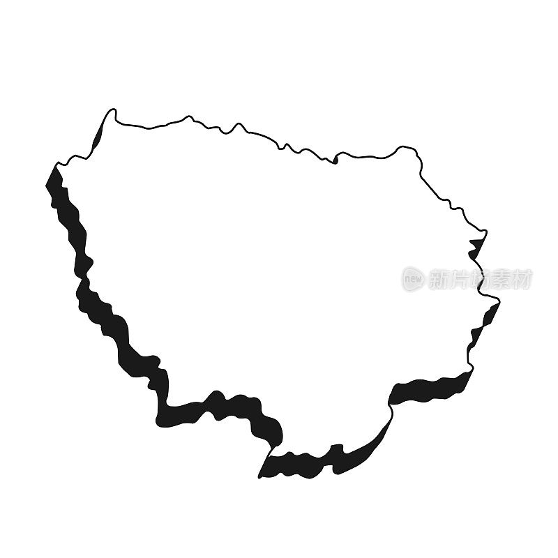 法兰西岛地图，黑色轮廓，白色背景上的阴影