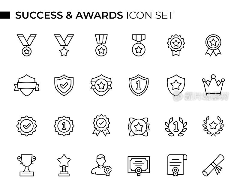 成功和奖励概念细线图标集包含这样的图标，奖丝带，奖杯，皇冠，证书，获胜者，盾牌，徽章等