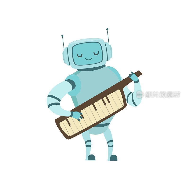 可爱的机器人音乐家演奏键盘乐器矢量插图
