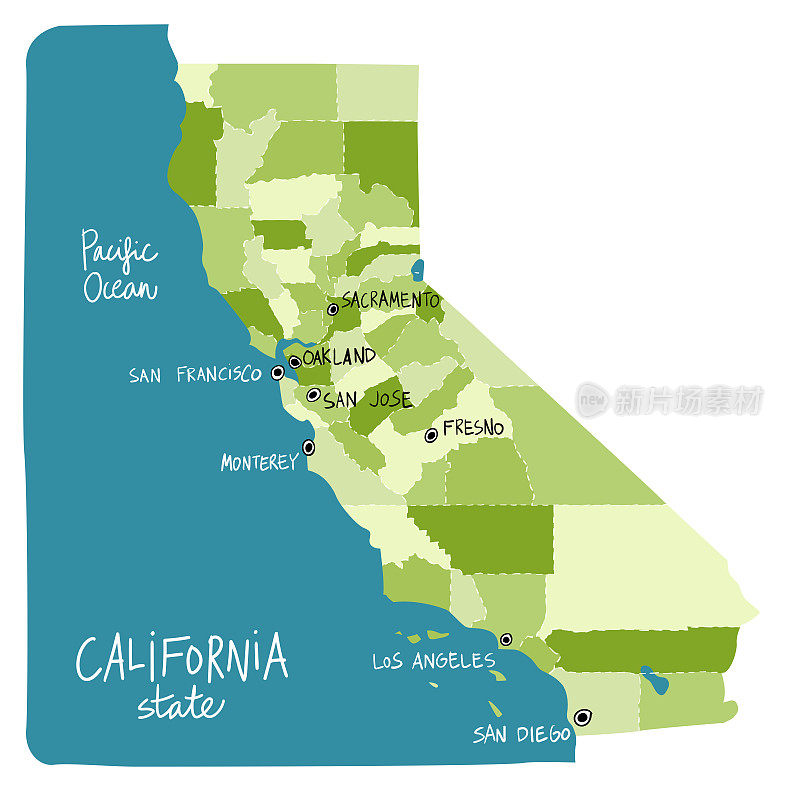 美国加利福尼亚州地图，有县。