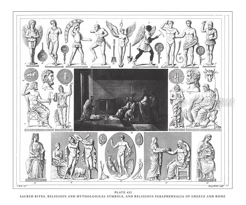 希腊的神圣仪式、宗教和神话符号和宗教用具和古罗马版画古董插图，出版于1851年