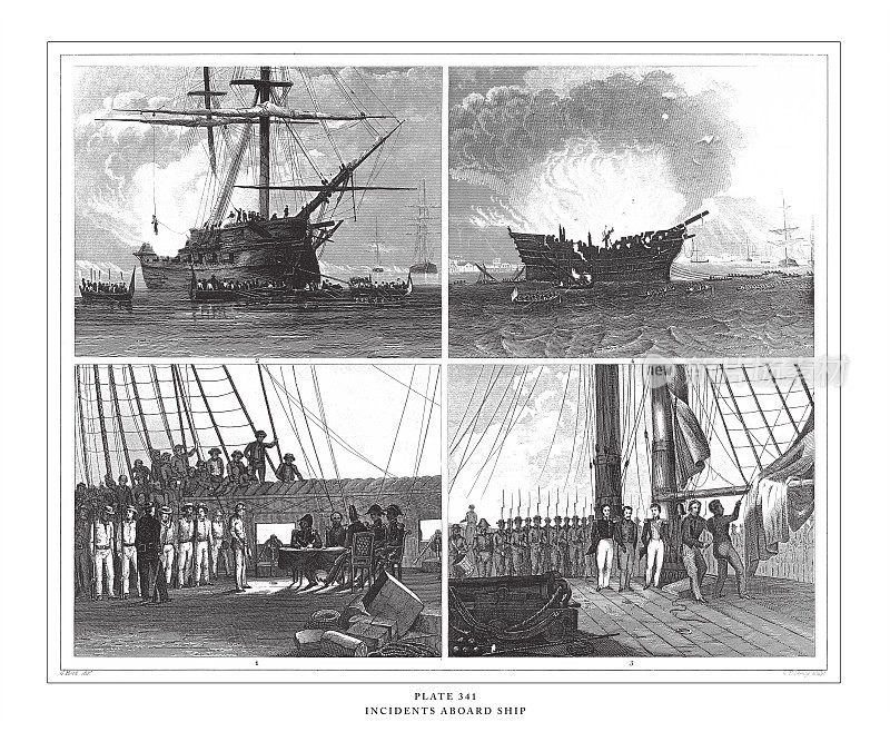 船上事件雕刻古董插图，出版于1851年