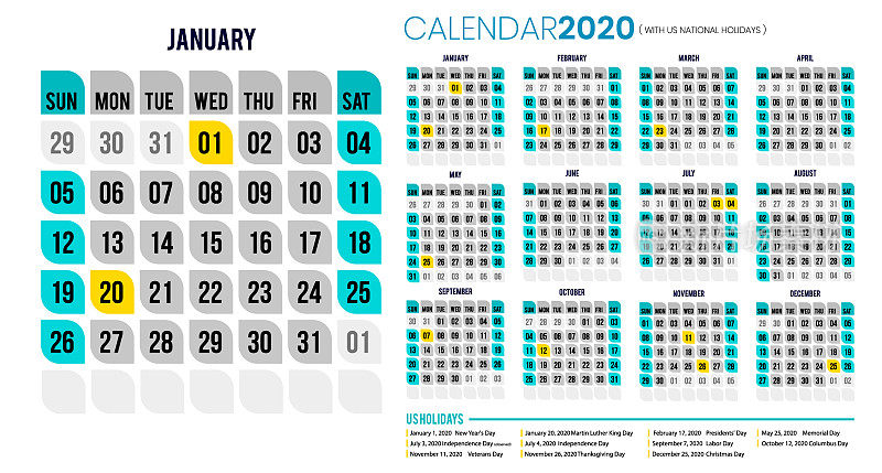 日历2020包括美国假期