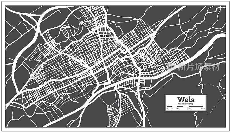 韦尔斯奥地利城市地图复古风格。略图。
