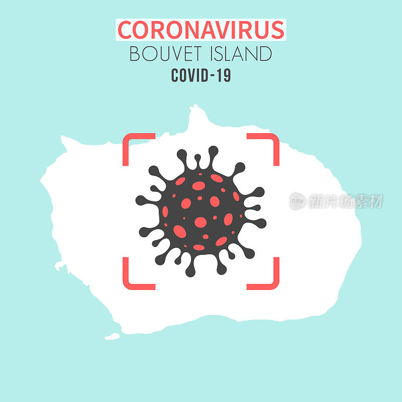 布维岛地图，红色取景器中有冠状病毒细胞(COVID-19)