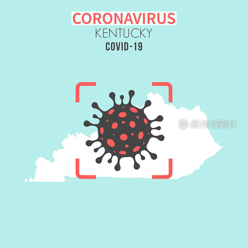 肯塔基州地图，红色取景器中有冠状病毒细胞(COVID-19)