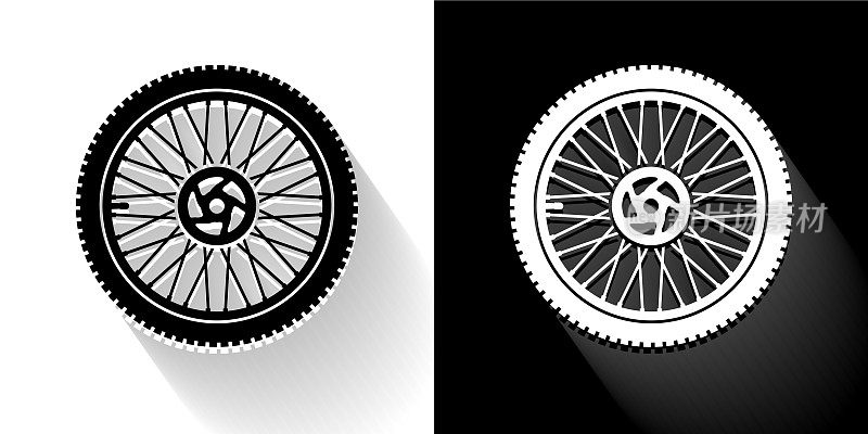 自行车车轮黑色和白色图标与长影子