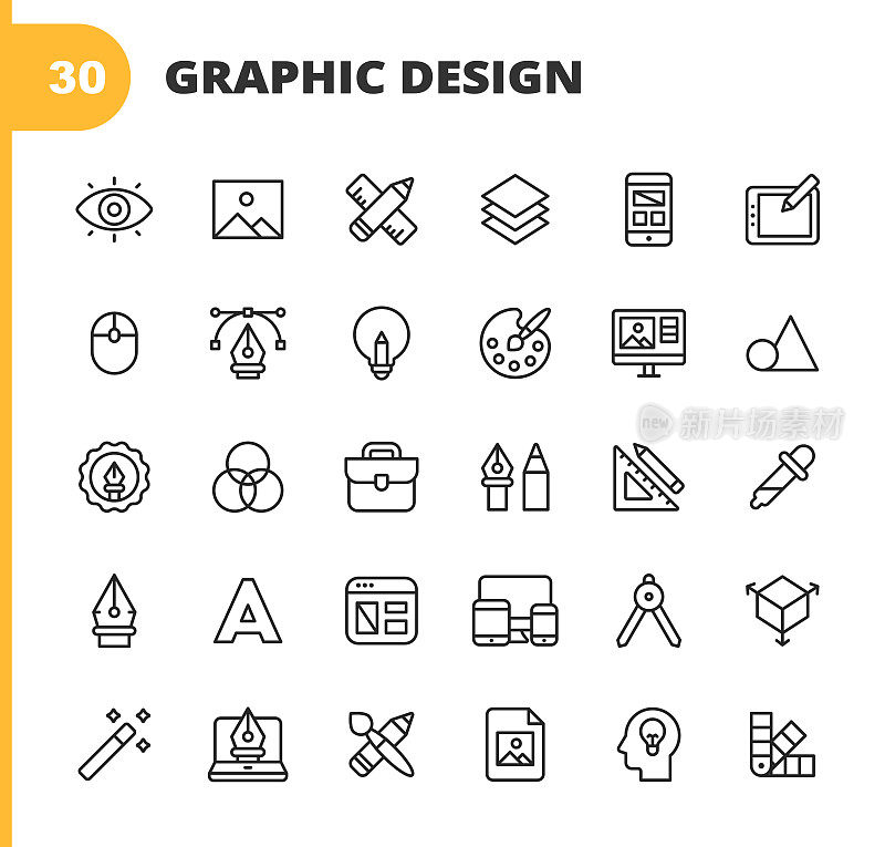 平面设计和创意线图标。可编辑的中风。像素完美。移动和网络。包含创意，布局，移动应用程序设计，艺术工具，绘图板，排版，调色板，铅笔，尺，矢量，形状，标志设计等图标。