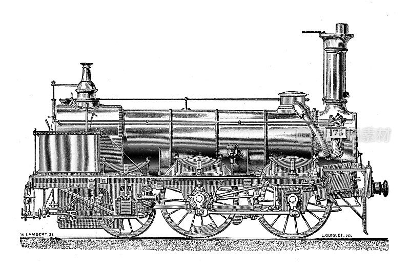 科学发现、实验和发明的古董插图:蒸汽火车火车头
