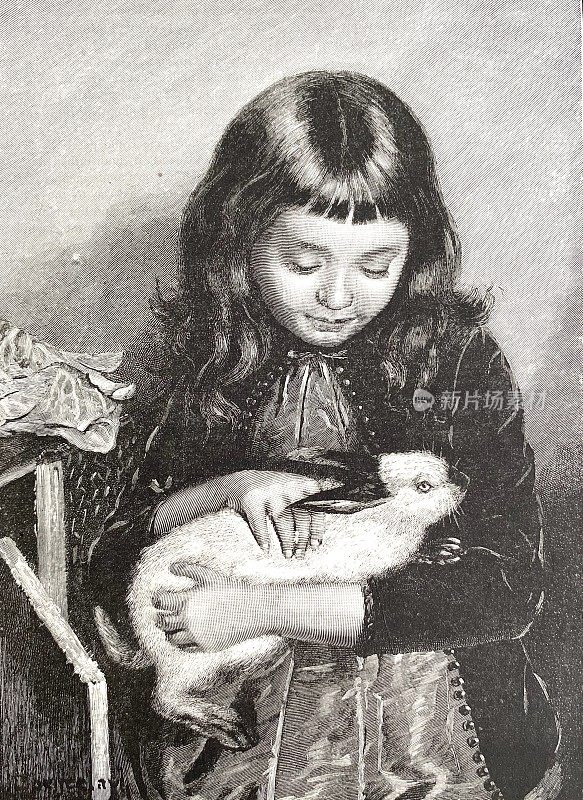 小女孩把兔子抱在怀里