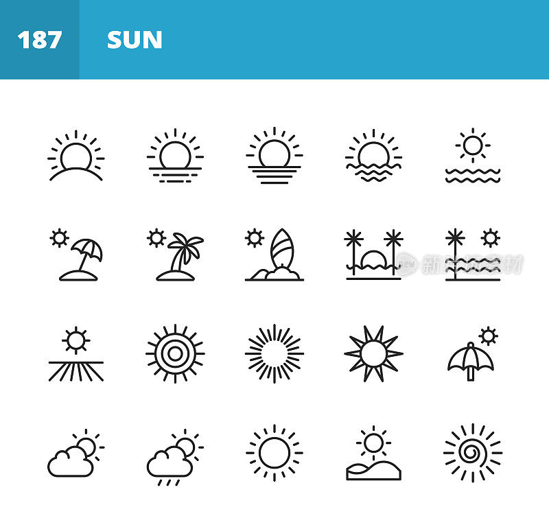 太阳线图标。可编辑的中风。像素完美。移动和网络。包含如太阳，阳光，夏天，假日，海滩，气候，环境，天空，能源，自然，热带，夏威夷，旅游，温暖，热，热，阳光等图标。