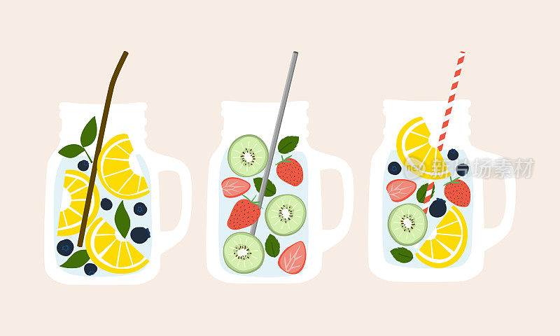 水果注入水在梅森罐马克杯与各种吸管元素收集矢量插图网。一种果蔬水为排毒和提神饮料。