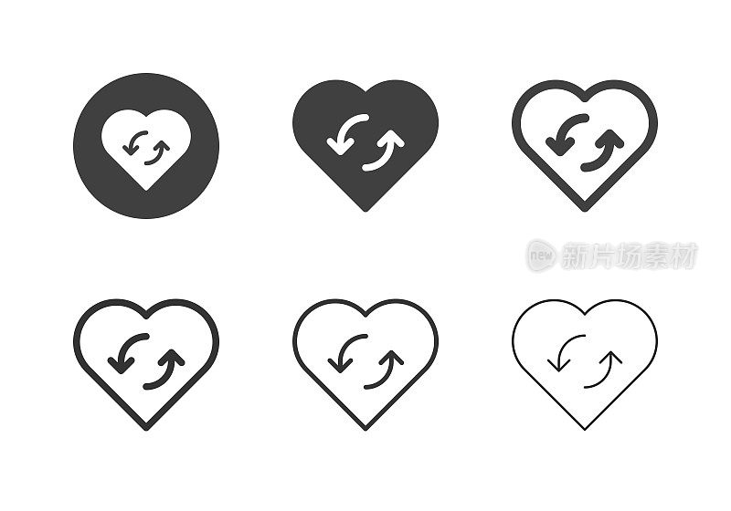 心脏形状与圆形箭头图标-多系列
