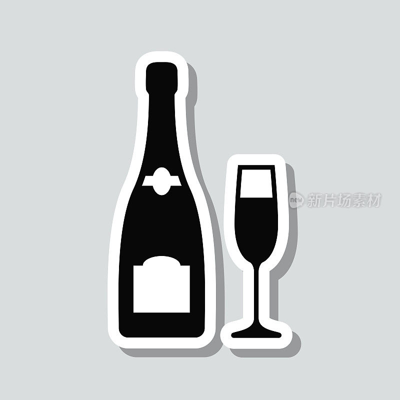 香槟酒瓶和玻璃杯。灰色背景上的图标贴纸