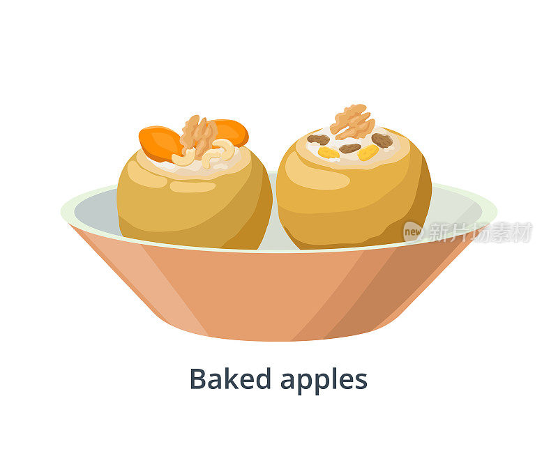 烤苹果塞满了坚果，葡萄干和奶油在碗孤立的白色背景。熟苹果做的食物。矢量插图在平面设计。