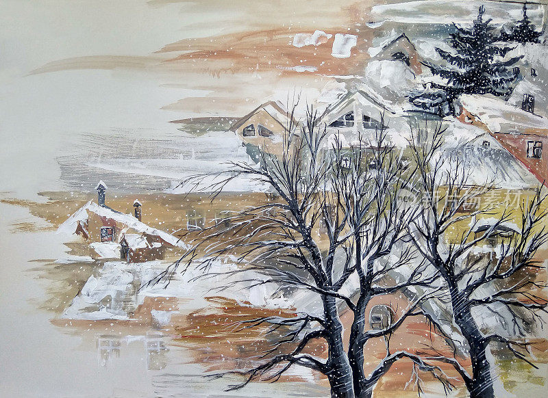 插图新年油画城市风景冬天的树房子白雪覆盖的天空以飘落的雪花为背景