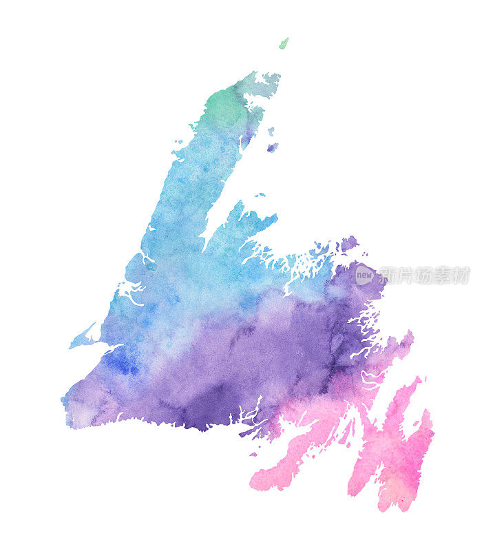 纽芬兰栅格水彩地图插图在冷蜡笔颜色