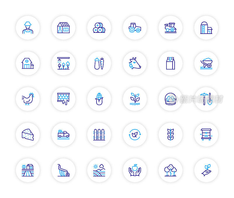 农业和农业相关的线图标，轮廓向量符号插图。
