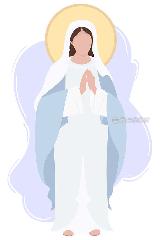 圣母玛利亚上帝之母或上帝之母。圣母玛利亚穿着蓝色的maforia温顺地祈祷。矢量插图为基督教和天主教社区，设计，假期和历史