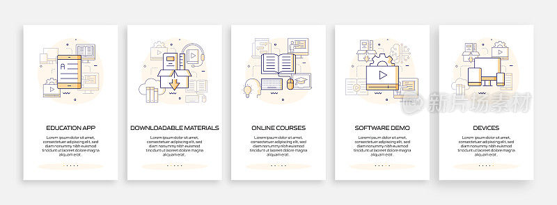 电子学习，在线教育和远程教育相关的移动应用程序页面屏幕与平面图标。用户体验，用户界面设计模板矢量插图