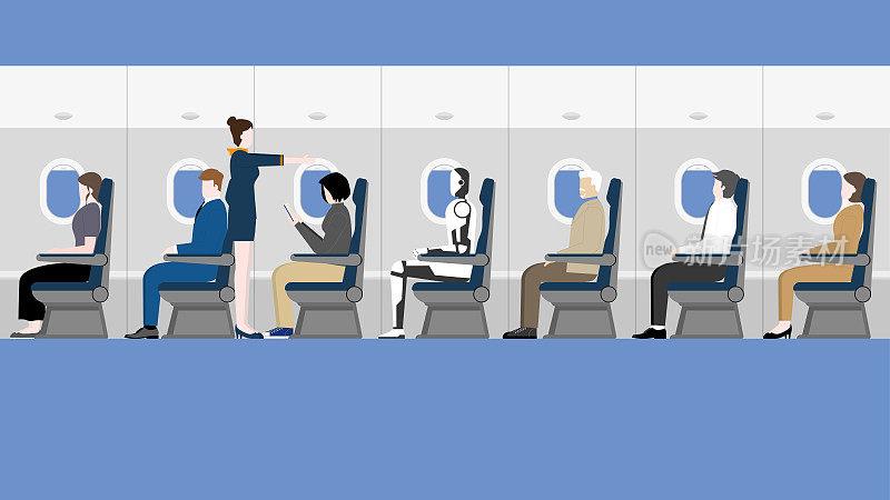 在未来，电子人将成为人们日常生活的一部分。机器人与人类乘客和乘务员坐在飞机客舱里。飞机客舱内部的运输和旅行概念。