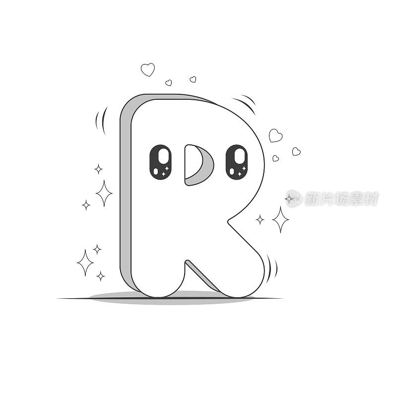 3D大写字母R在黑色和白色卡哇伊风格。孤立的字母与柔和的颜色背景。