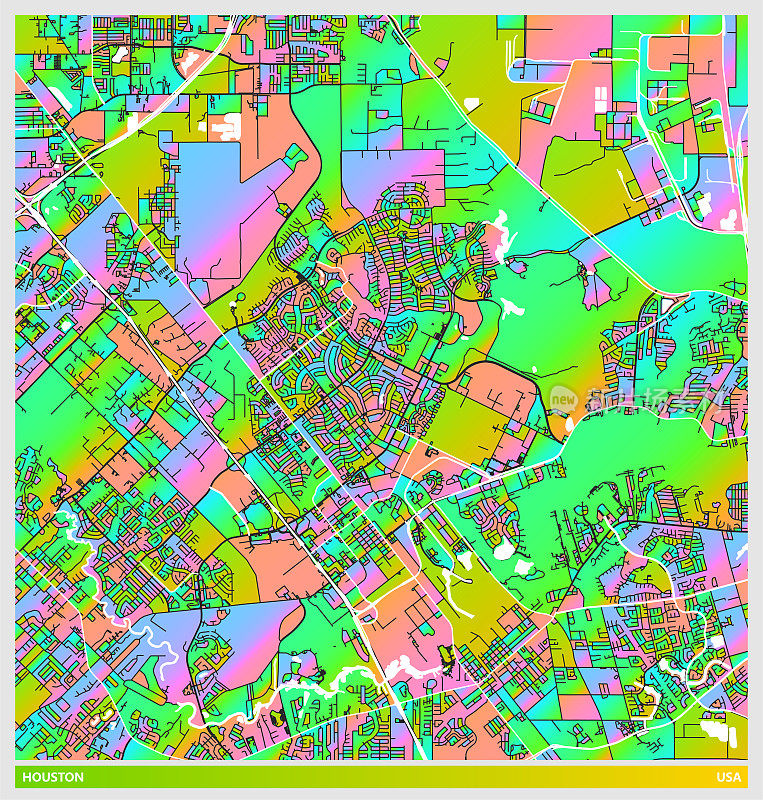 艺术插画风格地图，休斯顿市，美国