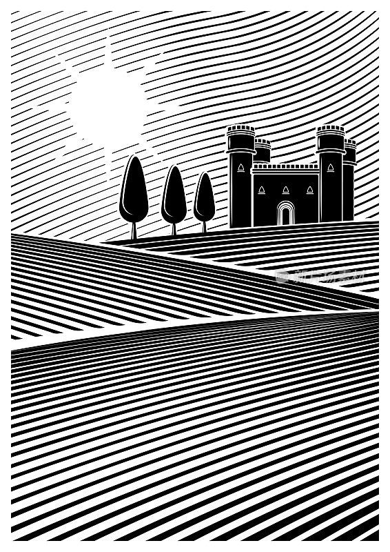 矢量插图的一个葡萄园或谷物种植园。在背景中你可以看到一座城堡或城堡。黑白两色。