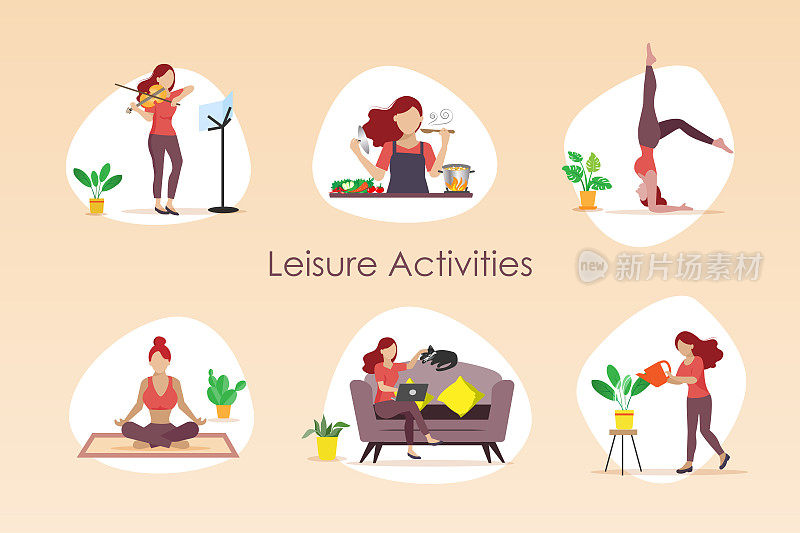 休闲娱乐活动，安全居家理念。女性健康的生活方式，健身，冥想，瑜伽，烹饪食物，种植和小提琴练习在孤立的场景。