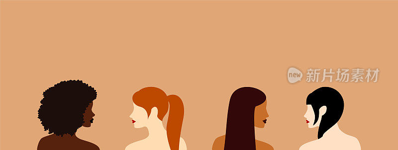 四个不同皮肤，头发和种族的美丽女人的侧视图看着彼此。平面向量插图