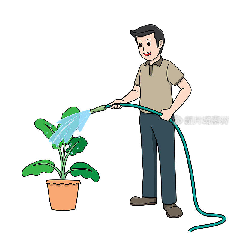 彩色矢量插图的儿童活动着色书页与图片的男人做家务浇水植物。