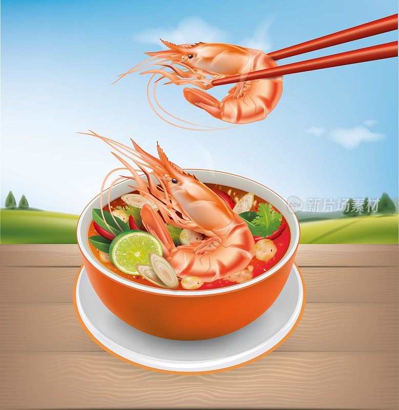 汤姆百胜泰国菜火锅汤海鲜，辣龙虾汤，食物，动物ใ煮虾在筷子。煮熟的虎虾。虾被分离在红色背景上。矢量图